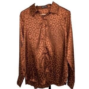 Shein XL‎ Leopard Button Up Blouse Bronze Animal Print Stretch Career Bold Glam